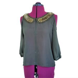 Vintage 90s Sheer Green Spiked Peter Pan Collar Cut out Top sz M